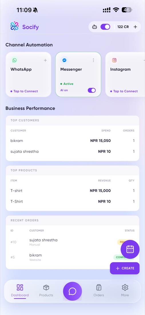 Socify App dashboard showing channel automation and recent orders
