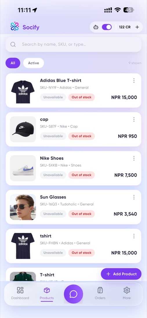 Socify App product catalogue with prices and stock status